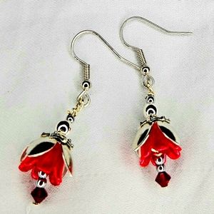 Red Flower Fashion Earrings with Swarovski Crystals